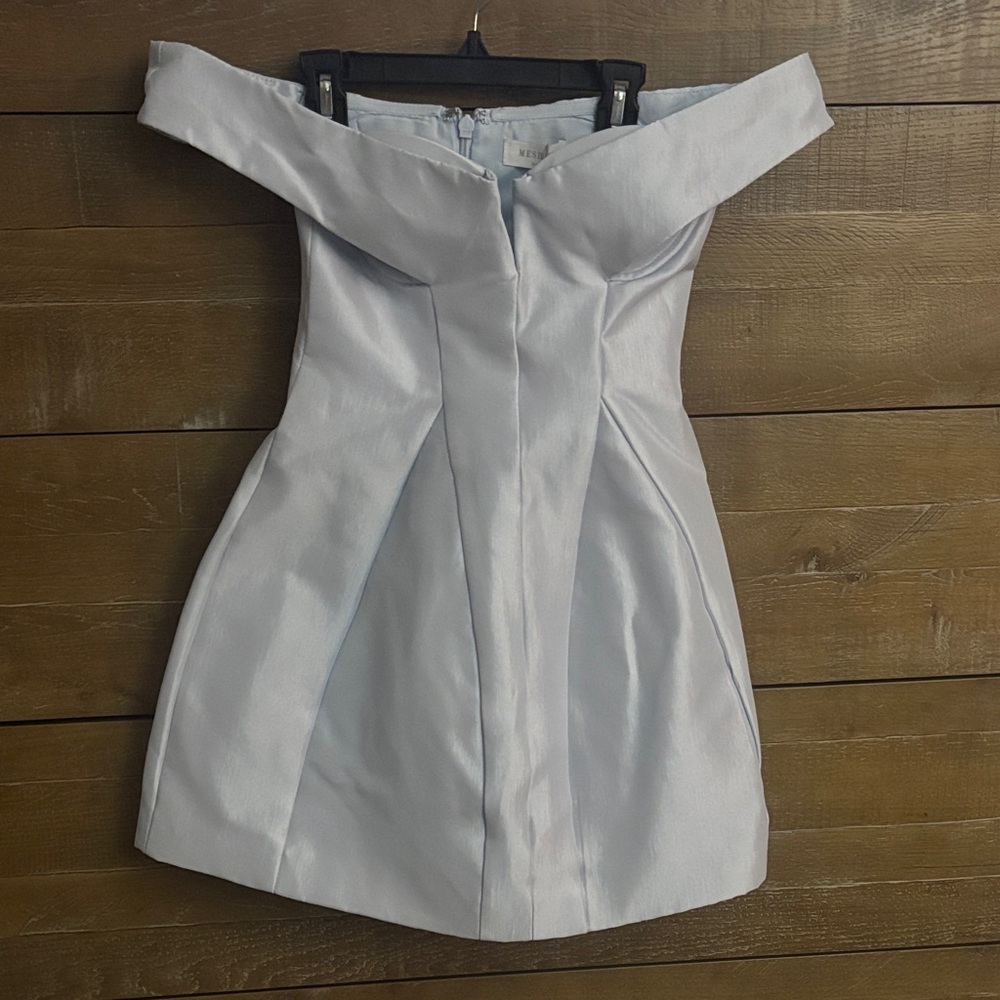 Meshki Off the Shoulder mini dress, baby powder blue.